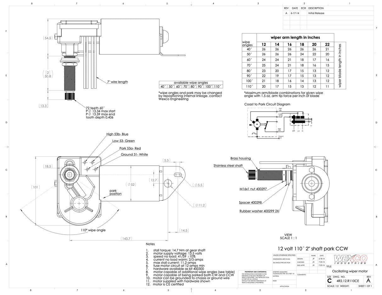 4R2.12.R110CEB (Black) Wiper Motor: Two and a half inch (2.5") shaft, 12V (American Bosch)